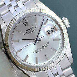 ROLEX MENS DATEJUST SS SILVER INDEX DIAL WATCH ORIGINAL ROLEX BAND 36MM 1601